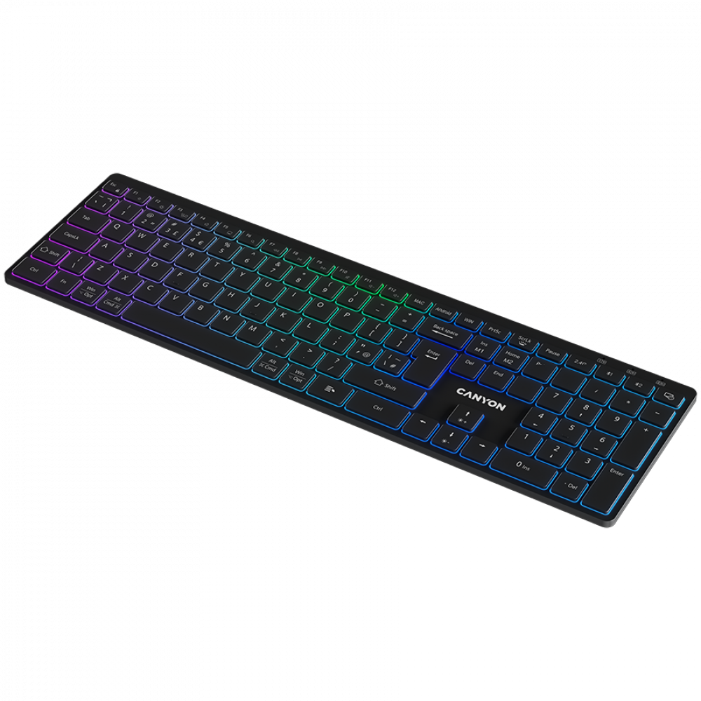 Czarna klawiatura z kolorowym podświetleniem na czarnym tle.