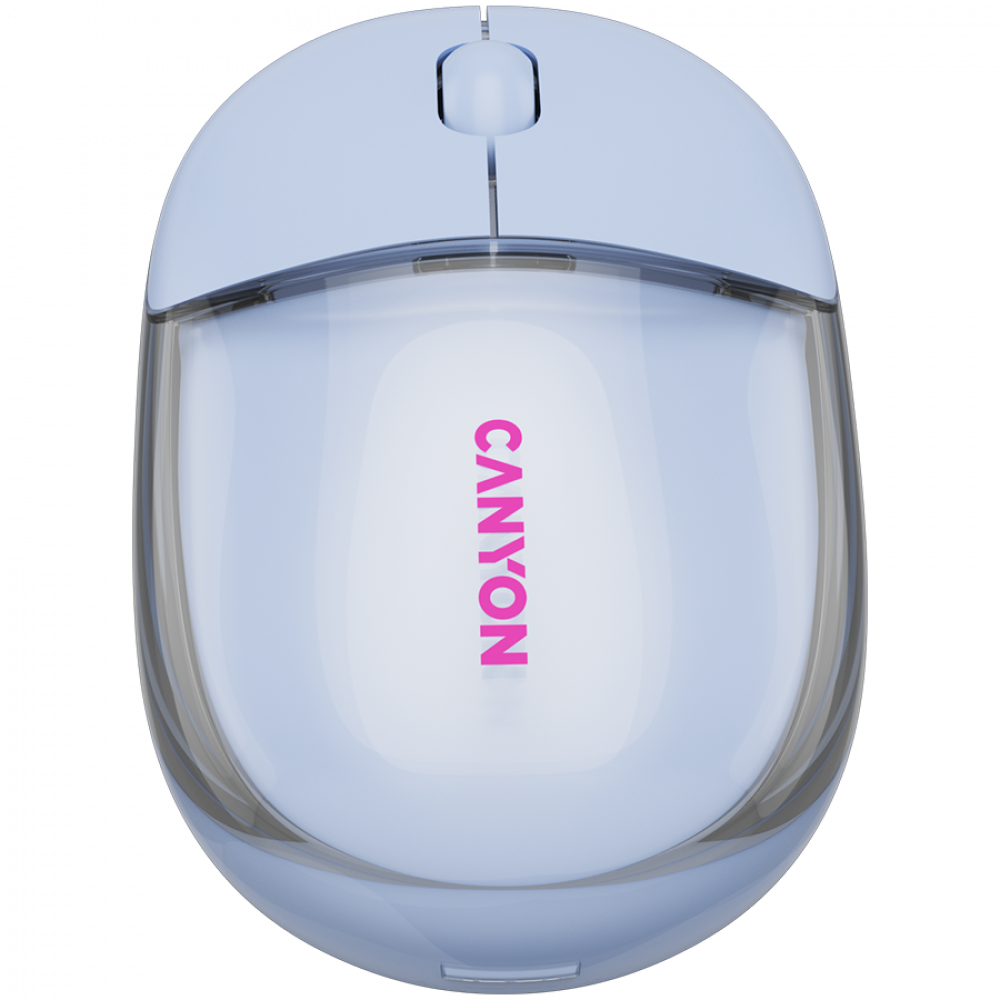 Niebieska mysz komputerowa z różowym logo 'CANYON' na czarnym tle.