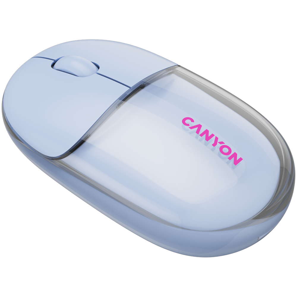 Jasnoniebieska mysz komputerowa z przezroczystą obudową i różowym logo CANYON.