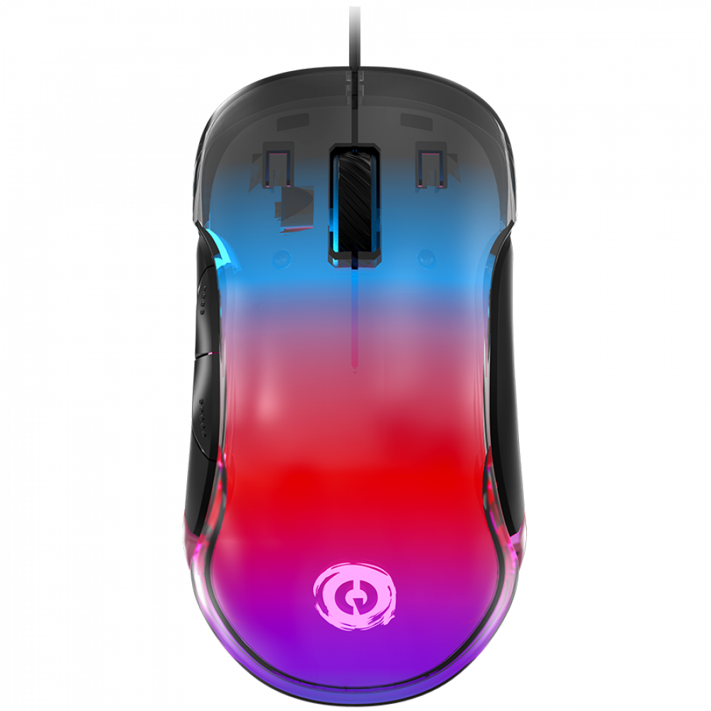 Przezroczysta mysz gamingowa z oświetleniem RGB w kolorach czerwonym, niebieskim i fioletowym.