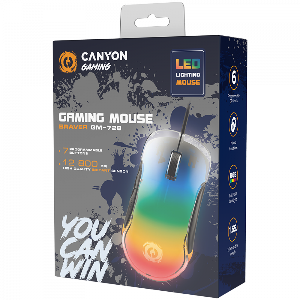 Mysz gamingowa Canyon z podświetleniem RGB i 7 przyciskami na opakowaniu.