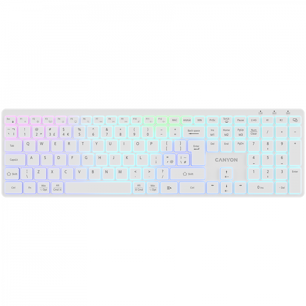 Biała klawiatura z kolorowym podświetleniem i logo Canyon.
