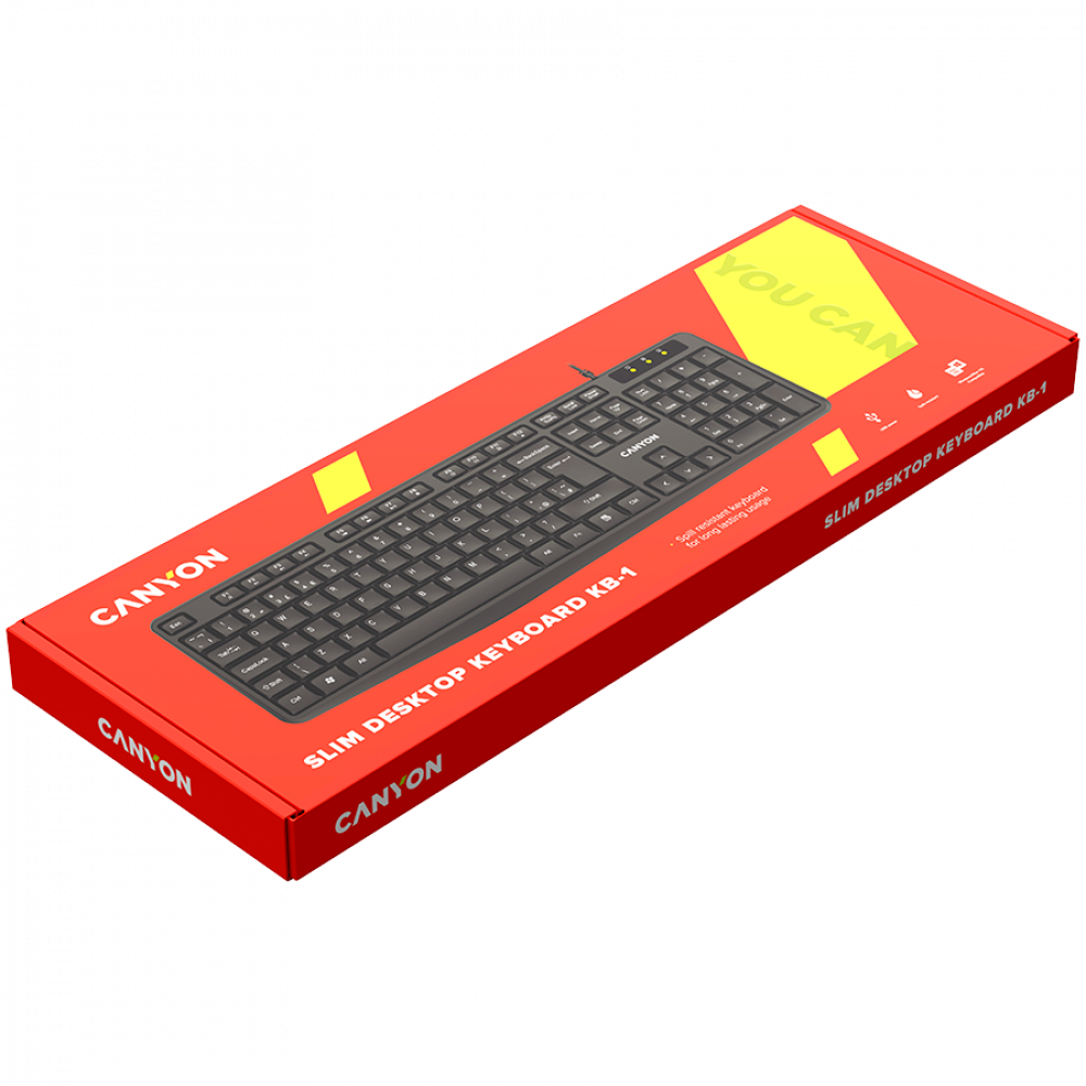 Czarna klawiatura Canyon w czerwonym opakowaniu z napisem.