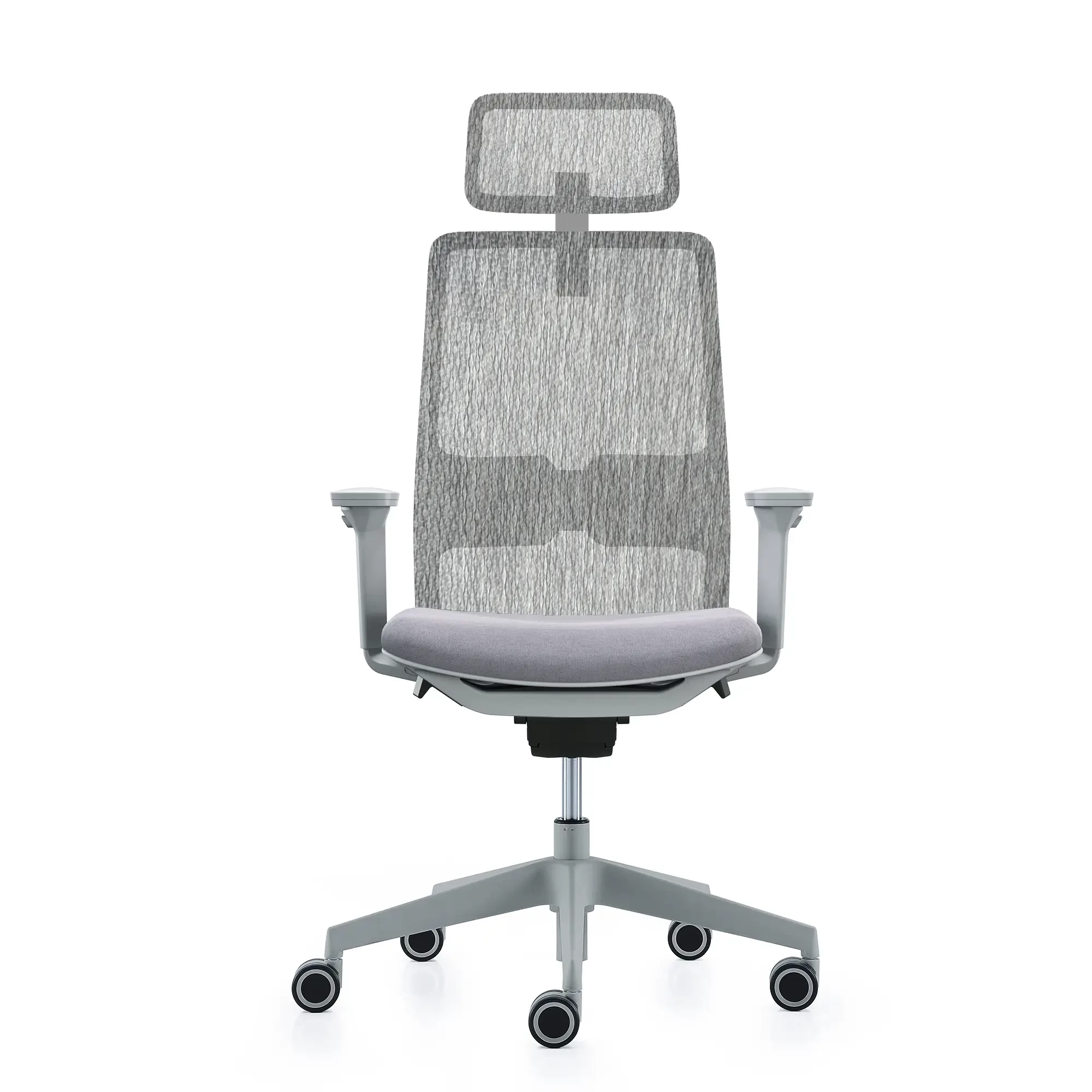 Szare krzesło biurowe z siatki z zagłówkiem i kółkami na białym tle.
