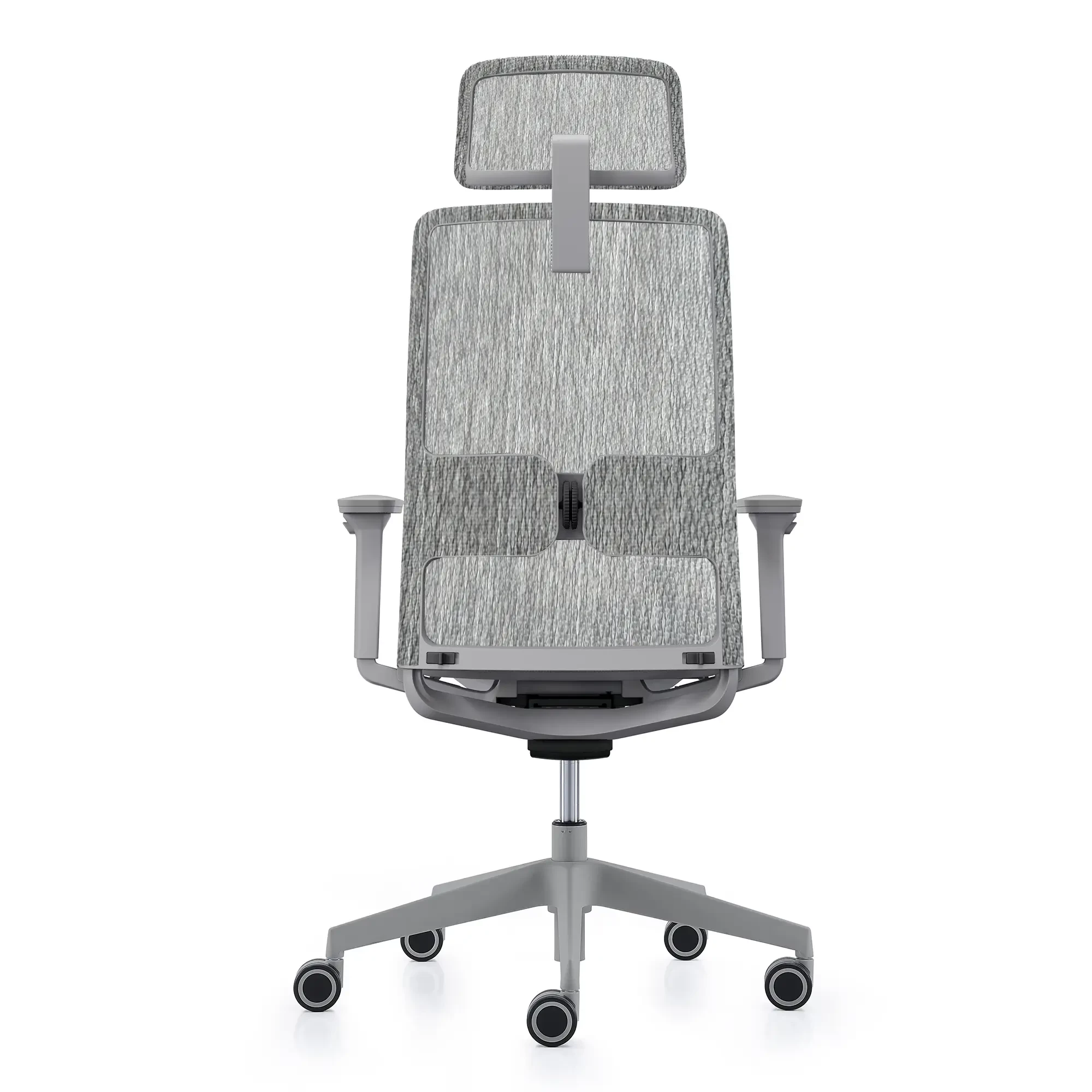 Szare krzesło biurowe z siatkowym oparciem i regulowanym zagłówkiem.