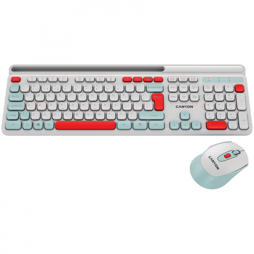 Biała klawiatura i mysz z niebieskimi i czerwonymi akcentami na czarnym tle.