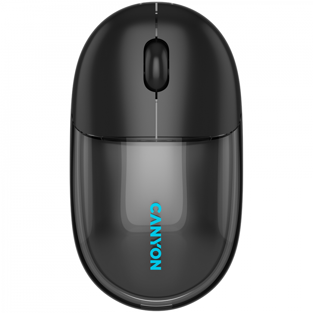 Czarna mysz z przezroczystą obudową i niebieskim logo Canyon.