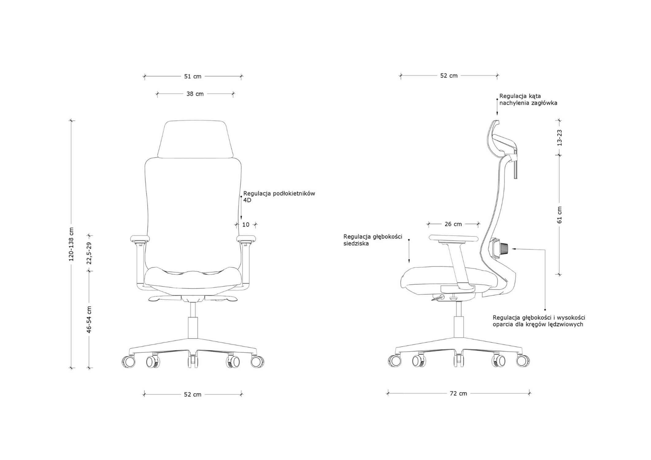 Rysunek techniczny krzesła biurowego z wymiarami wysokości, szerokości i regulacji.