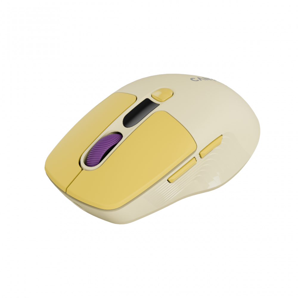 Kremowo-żółta mysz komputerowa z fioletowym kółkiem przewijania.