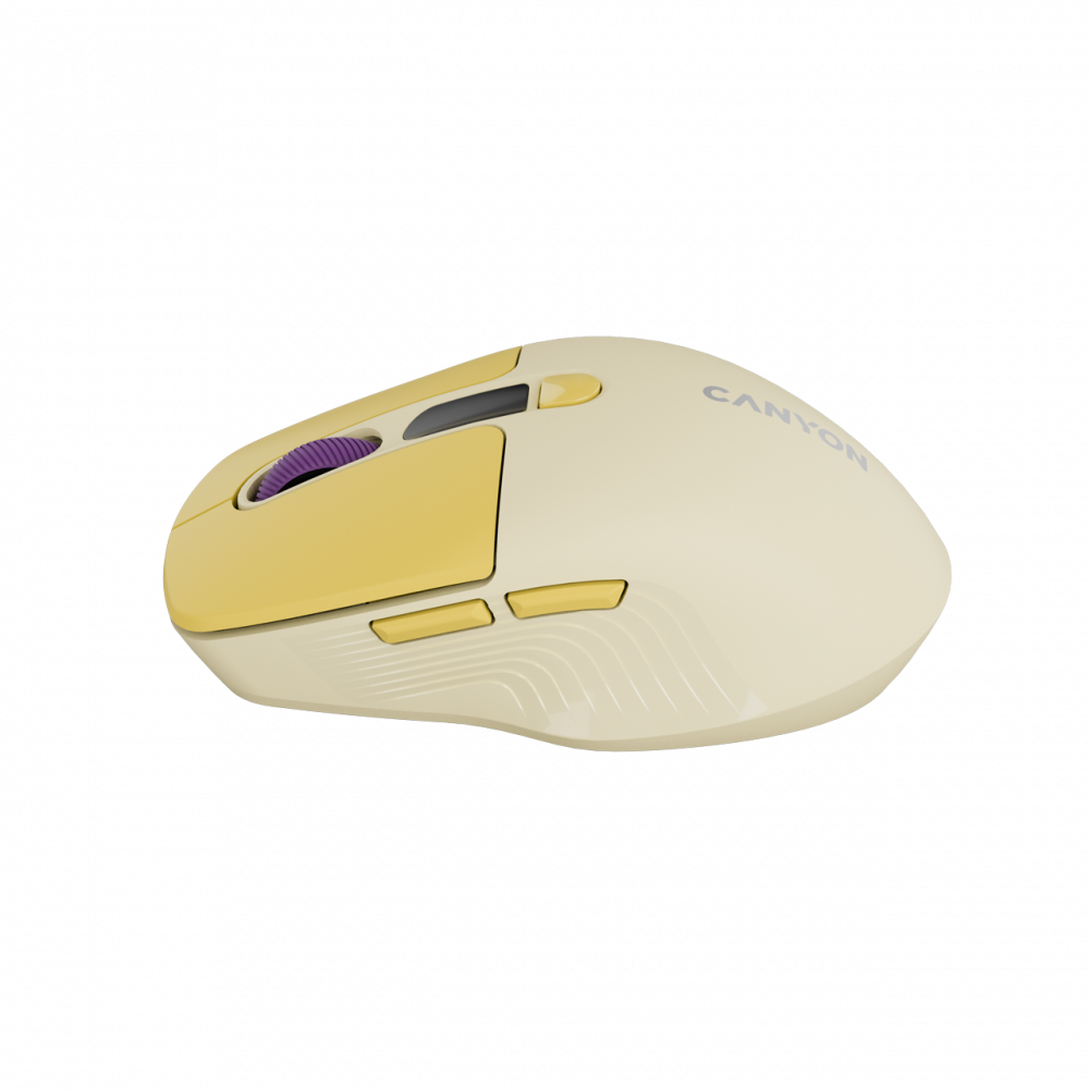Kremowa mysz komputerowa z żółtymi akcentami i fioletowym kółkiem.