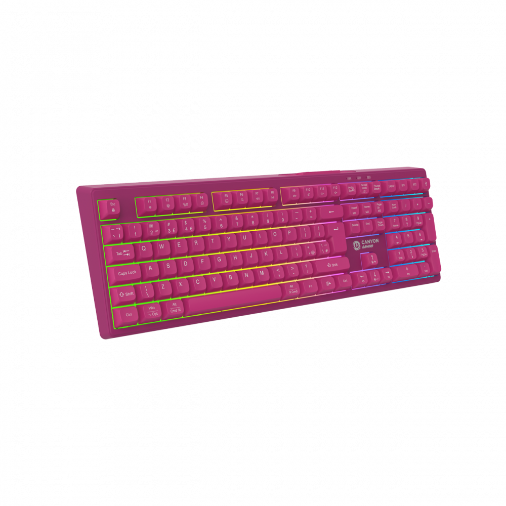 Różowa klawiatura gamingowa z kolorowym podświetleniem RGB.