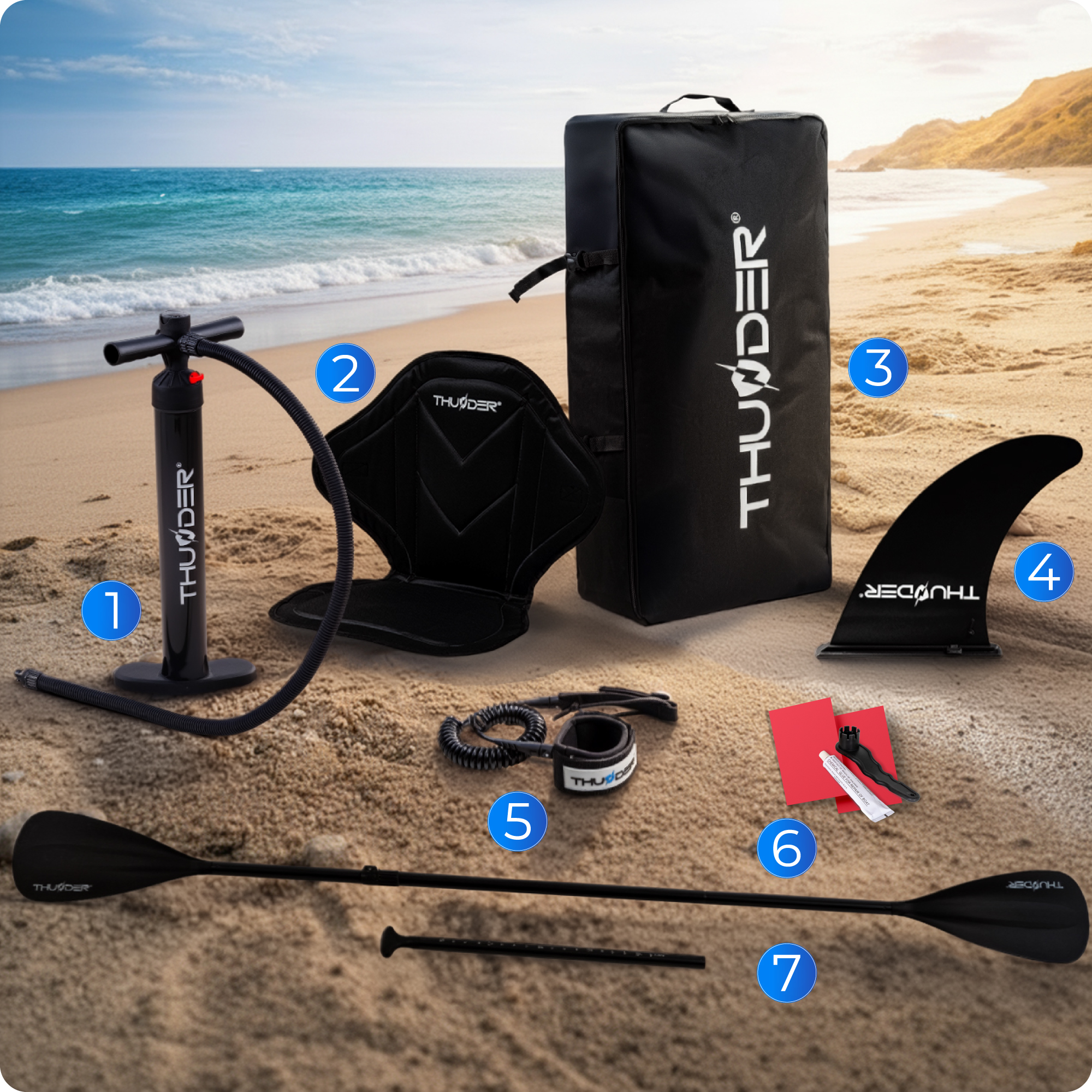 Akcesoria SUP na plaży: pompka, siedzenie, torba, statecznik, smycz, wiosło, zestaw naprawczy.