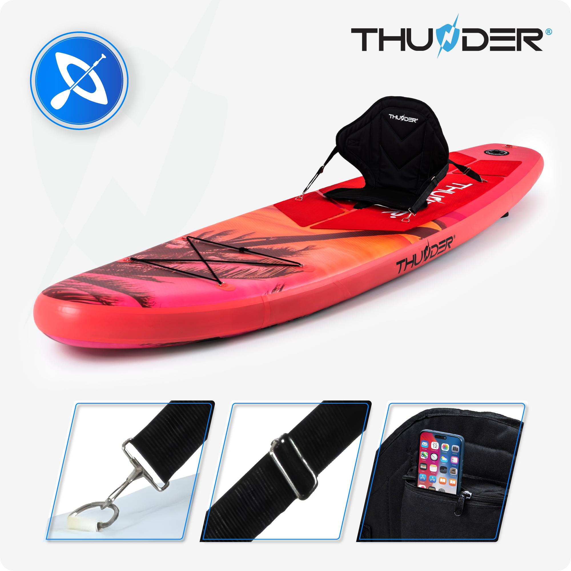 Czerwona deska surfingowa z motywem palm, siedzeniem i logo. Zbliżenia pasków i kieszeni.