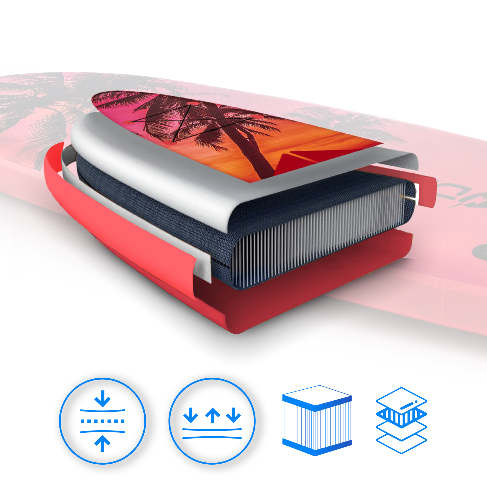 Konstrukcja deski z grafiką palmy. Ikony pokazują kompresję i warstwy.