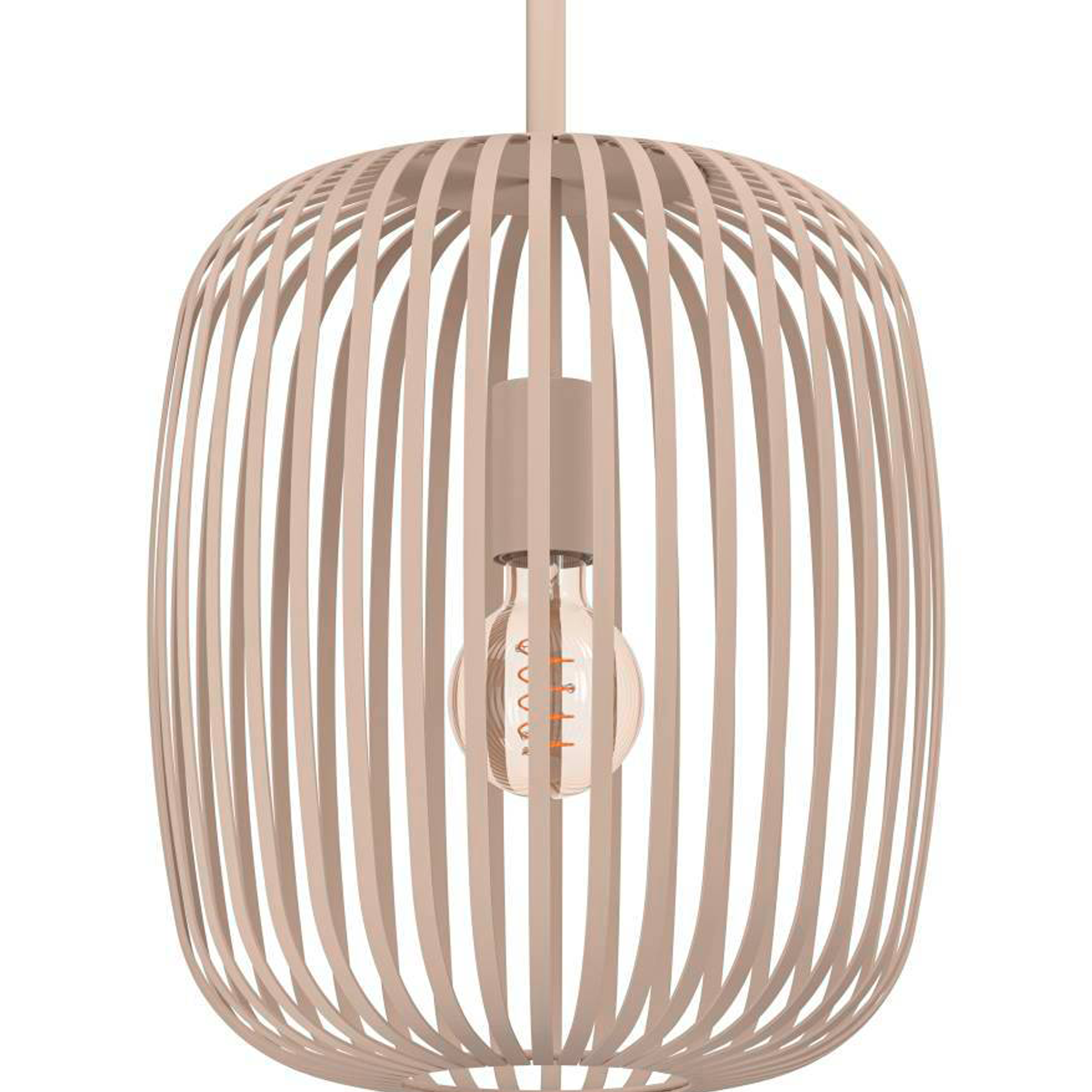Beige hanglamp met kooivormige kap en een Edison gloeilamp erin.