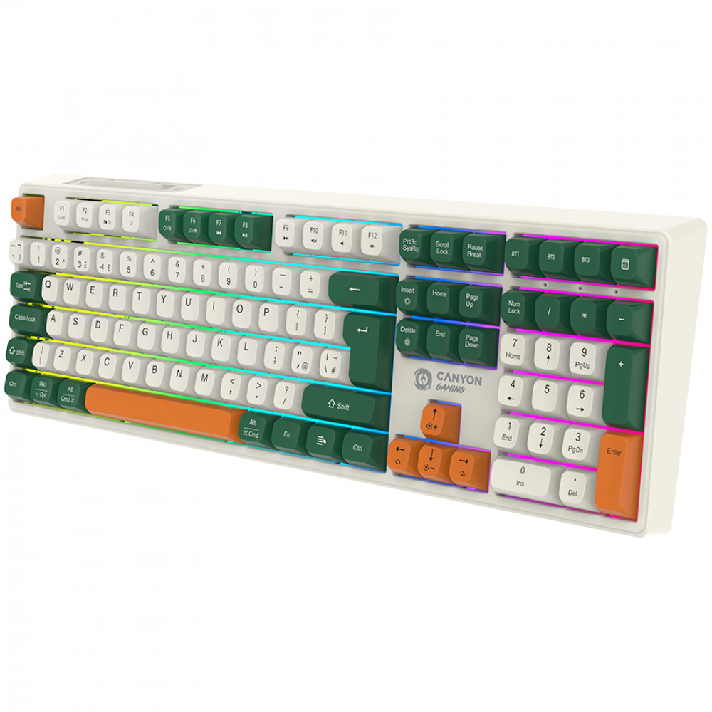 Biała klawiatura z zielonymi i pomarańczowymi klawiszami, z podświetleniem RGB.