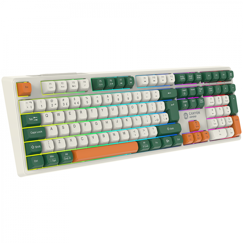 Biała klawiatura gamingowa z kolorowymi klawiszami i pomarańczowymi akcentami.