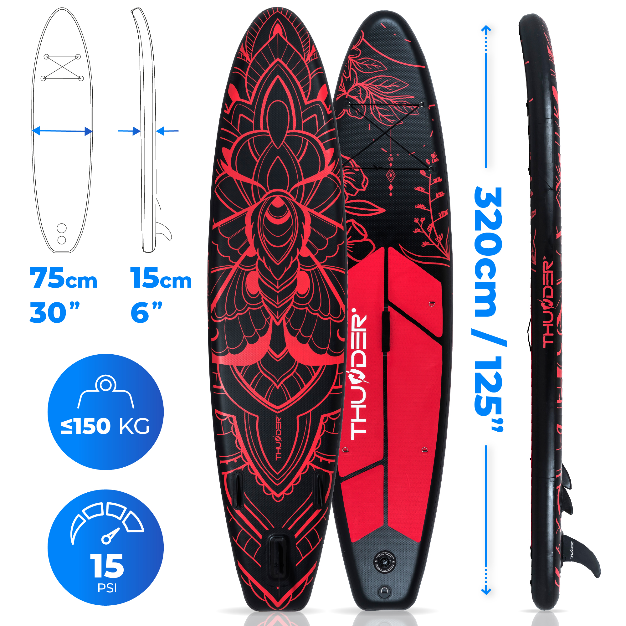 Czarna deska SUP z czerwonym wzorem, długość 320cm, szerokość 75cm, grubość 15cm.