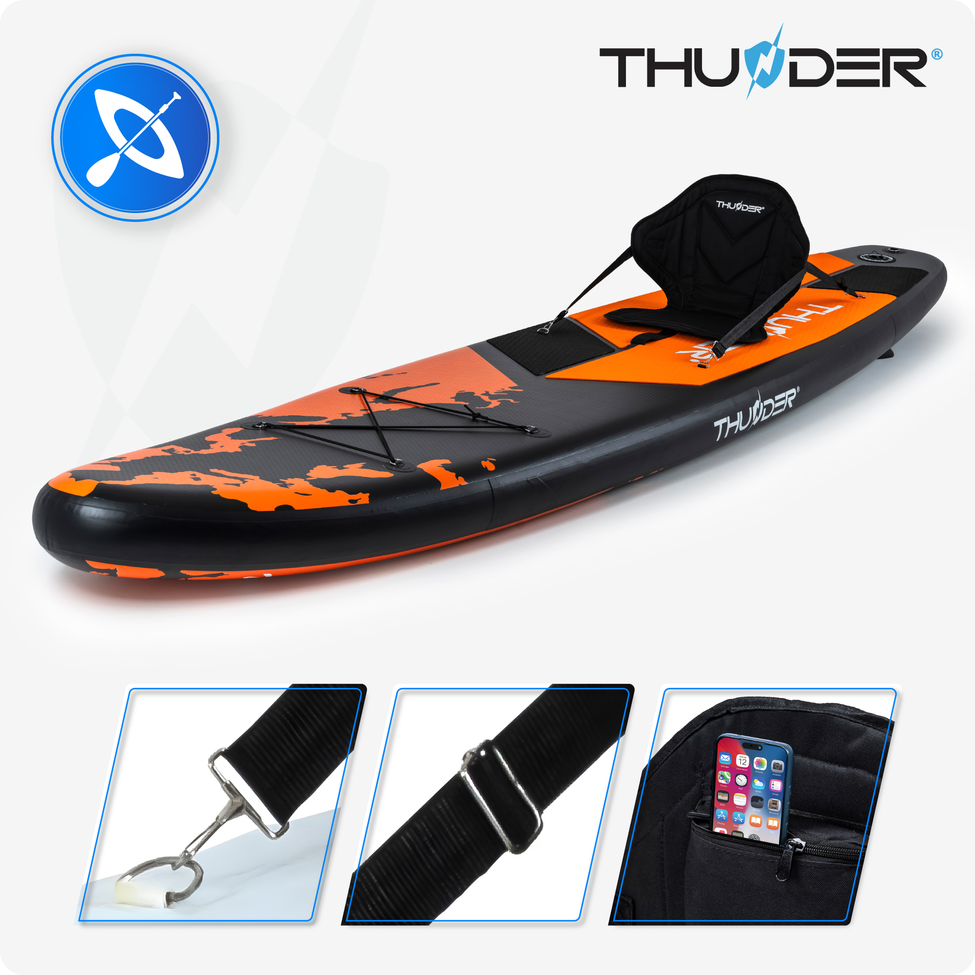 Pomarańczowa i czarna deska SUP z siedzeniem i kieszeniami.