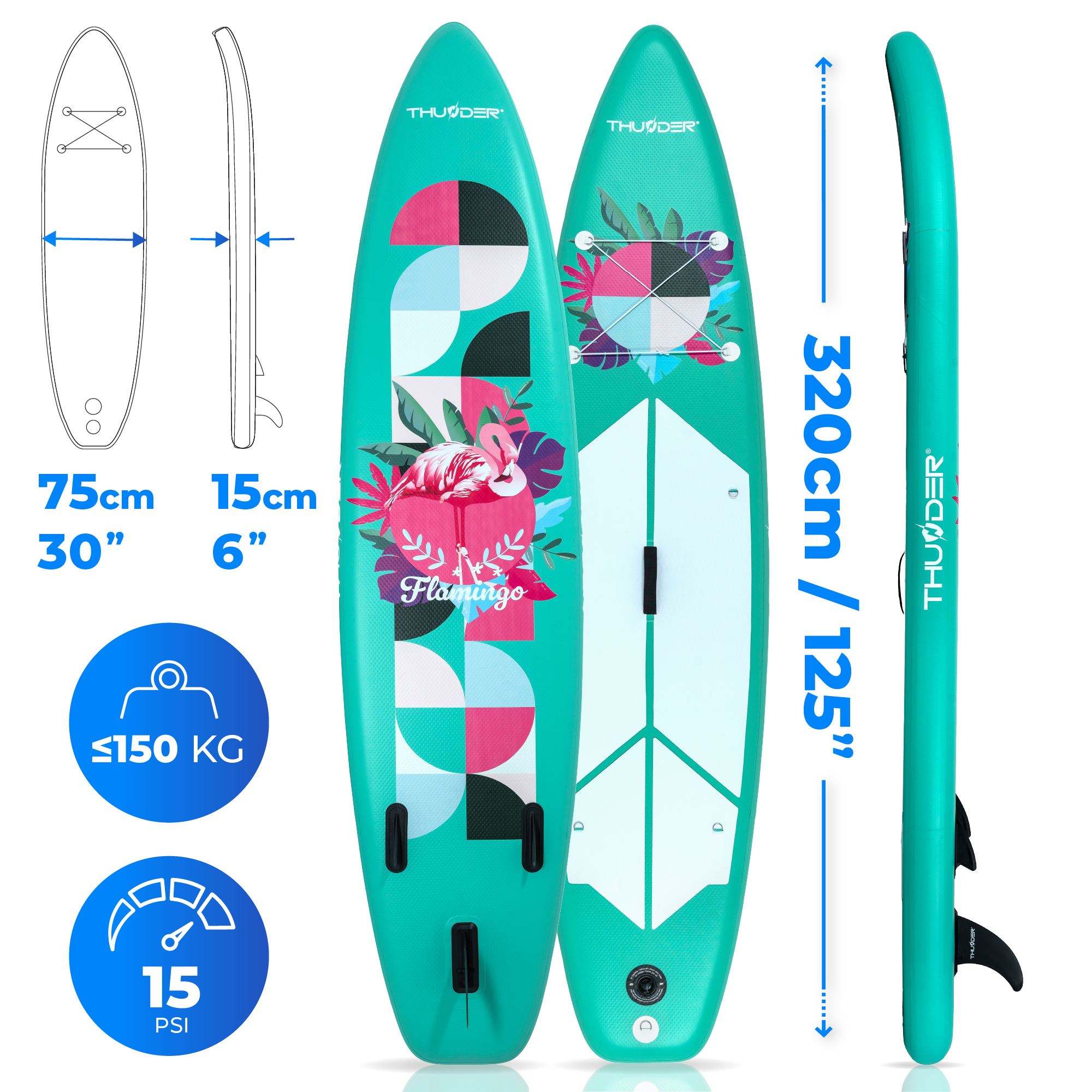Turkusowa dmuchana deska SUP z motywem flaminga. Dł. 320cm, szer. 75cm, gr. 15cm. Max 150kg, 15 PSI.