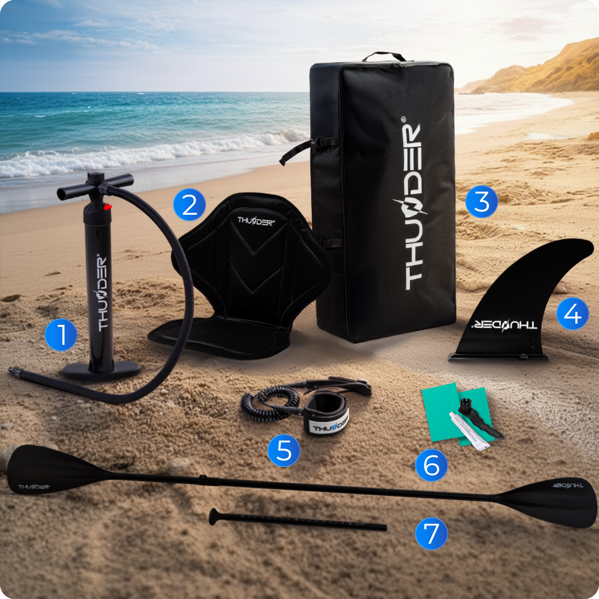 Pompka, siedzenie, torba, płetwa, smycz, zestaw naprawczy i wiosło na plaży.