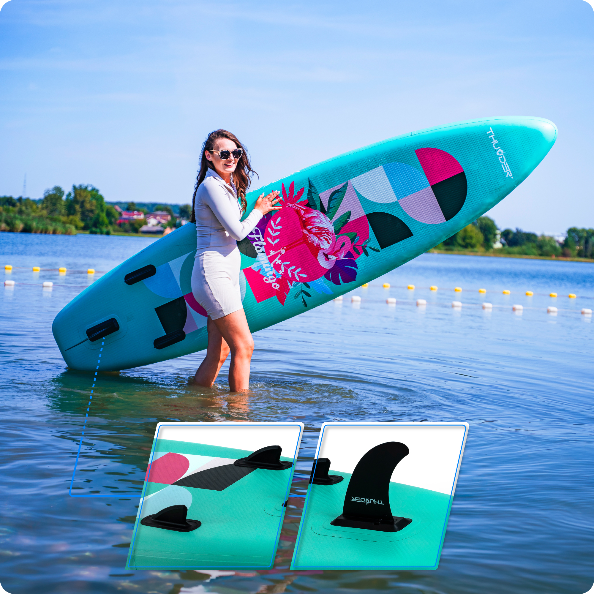 Kobieta z deską SUP w wodzie, tropikalny wzór, czyste błękitne niebo.