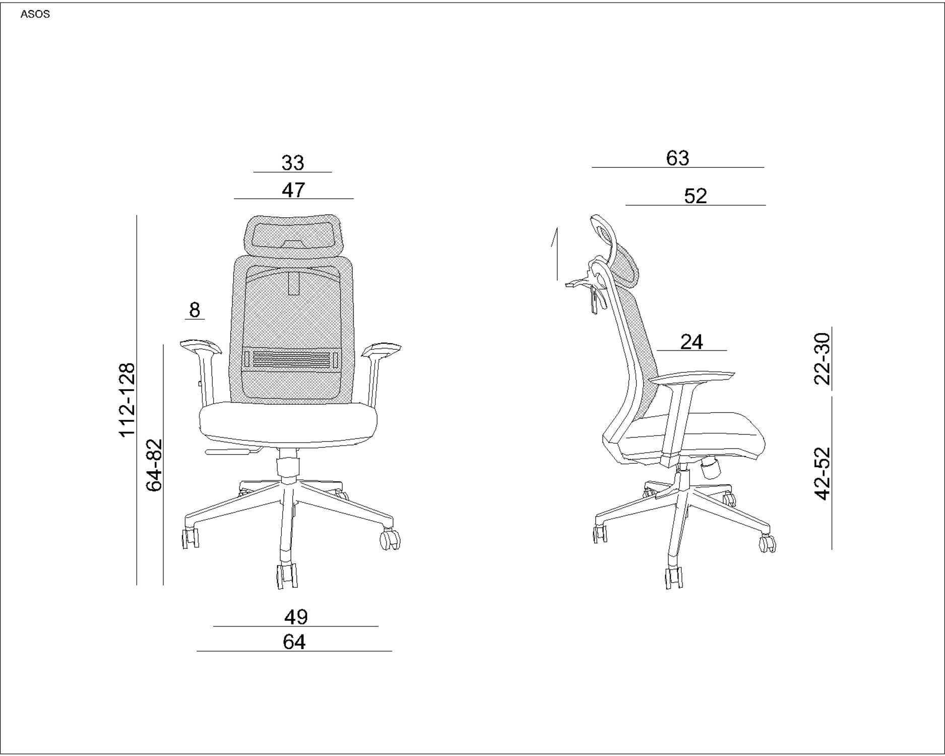 Rysunek techniczny krzesła biurowego z wymiarami.