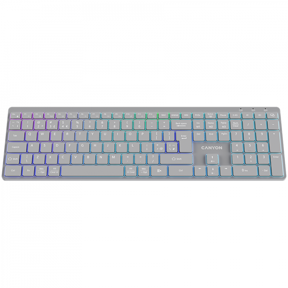 Szara klawiatura z kolorowym podświetleniem klawiszy i logo Canyon.