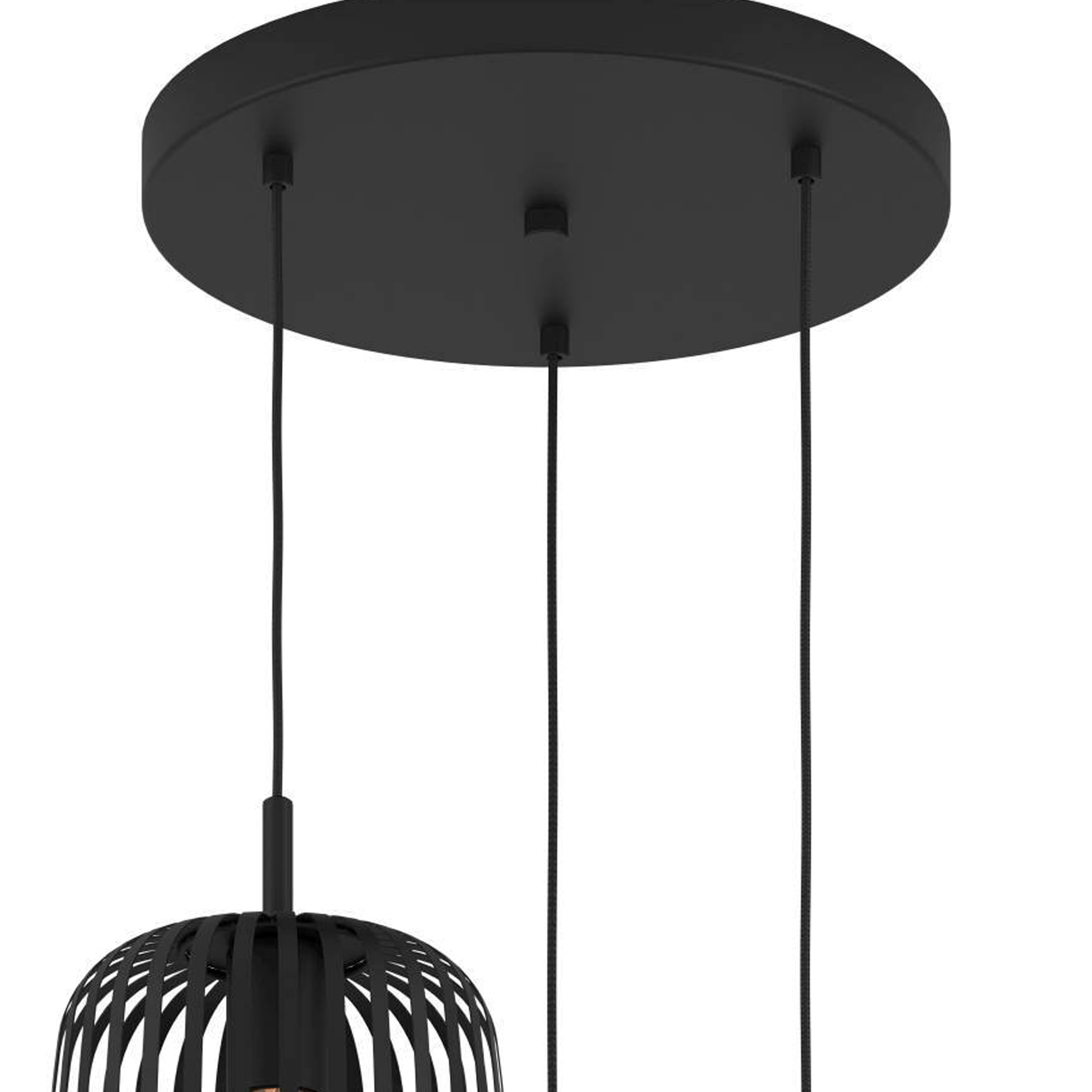 Zwarte plafondkap met drie hanglampen met kooivormige kappen.