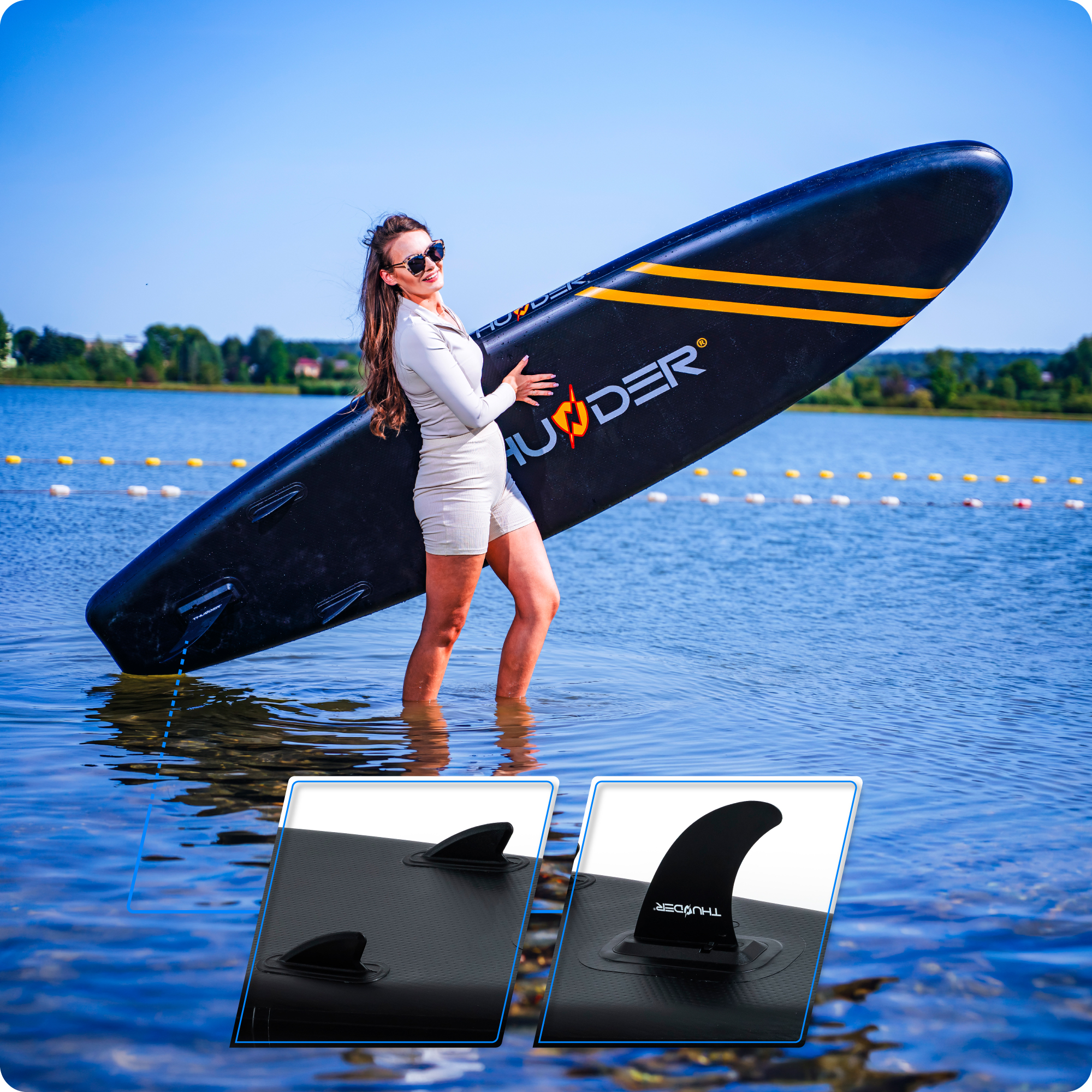 Kobieta z deską surfingową w wodzie, zbliżenie płetwy.