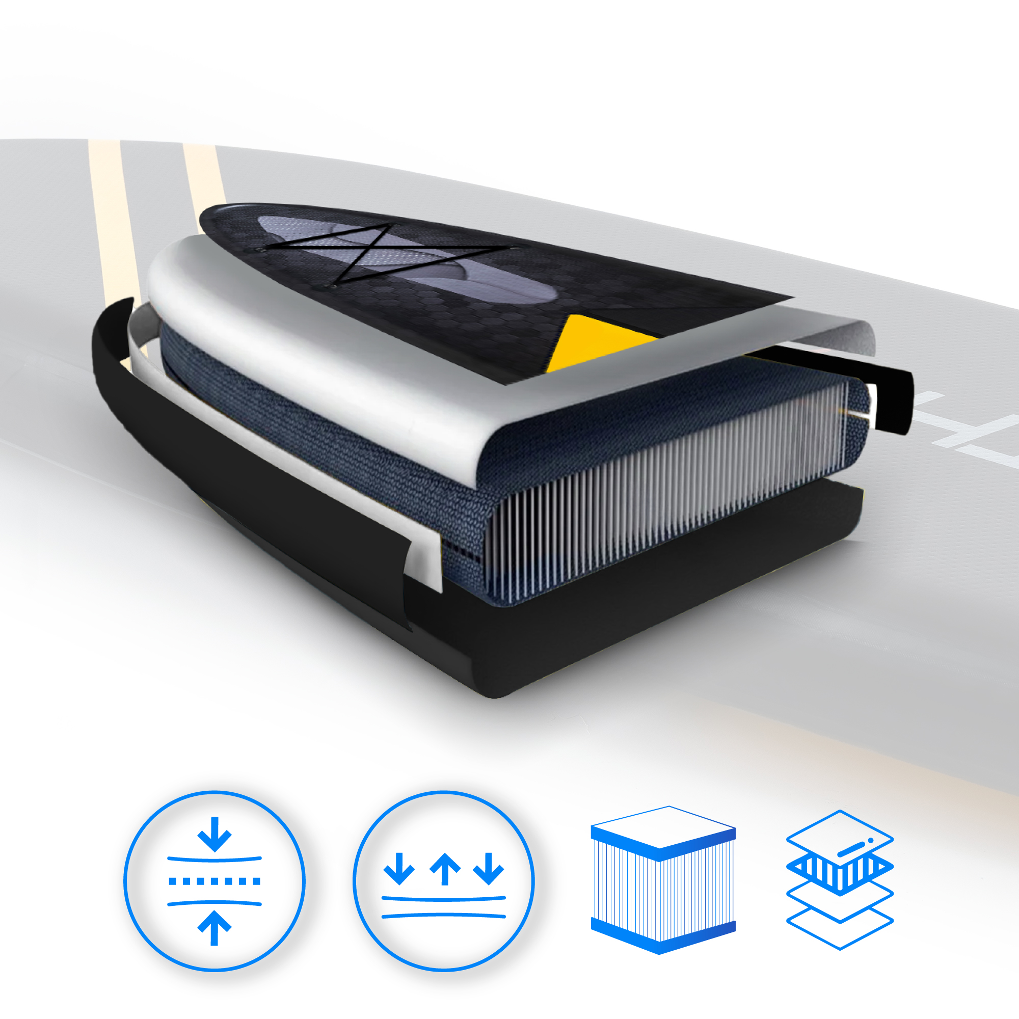 Warstwowa konstrukcja deski z ikonami kompresji i warstw.