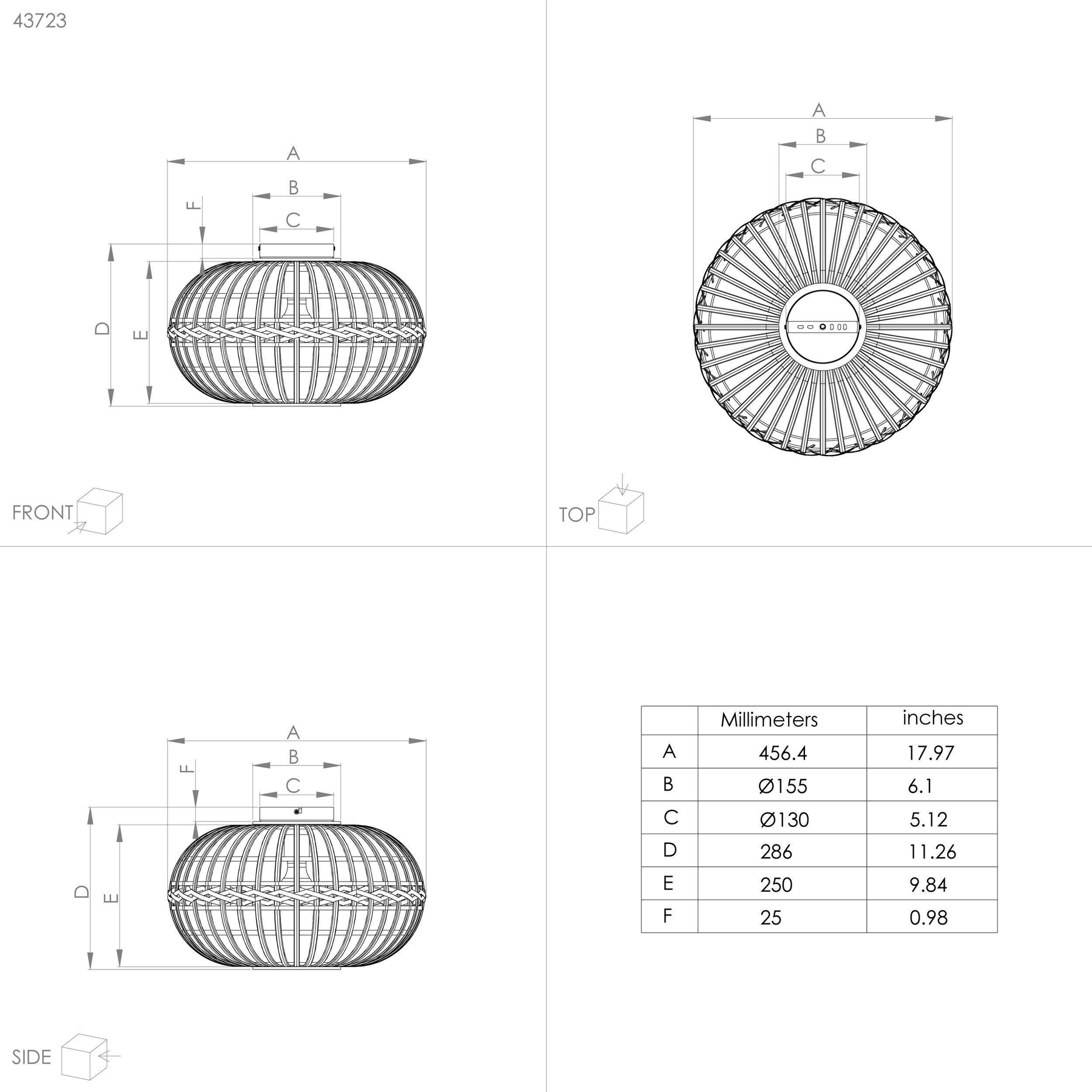 Disegno tecnico di un cesto con dimensioni A-F in mm e pollici.