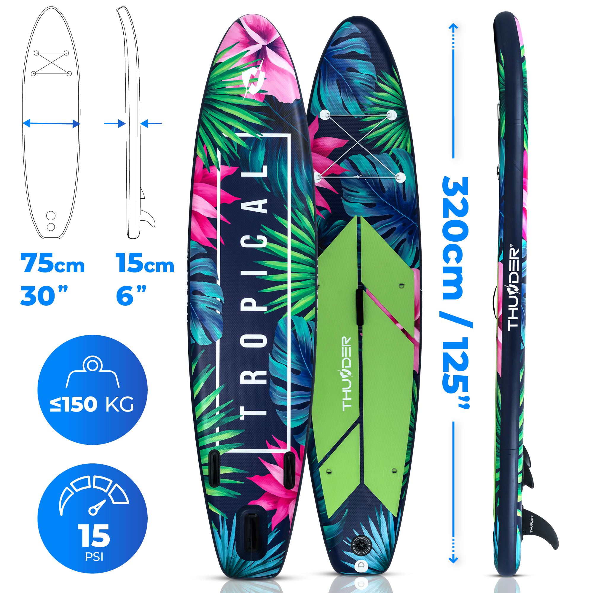 Nadmuchiwana deska surfingowa z tropikalnym wzorem, 320 cm długa.