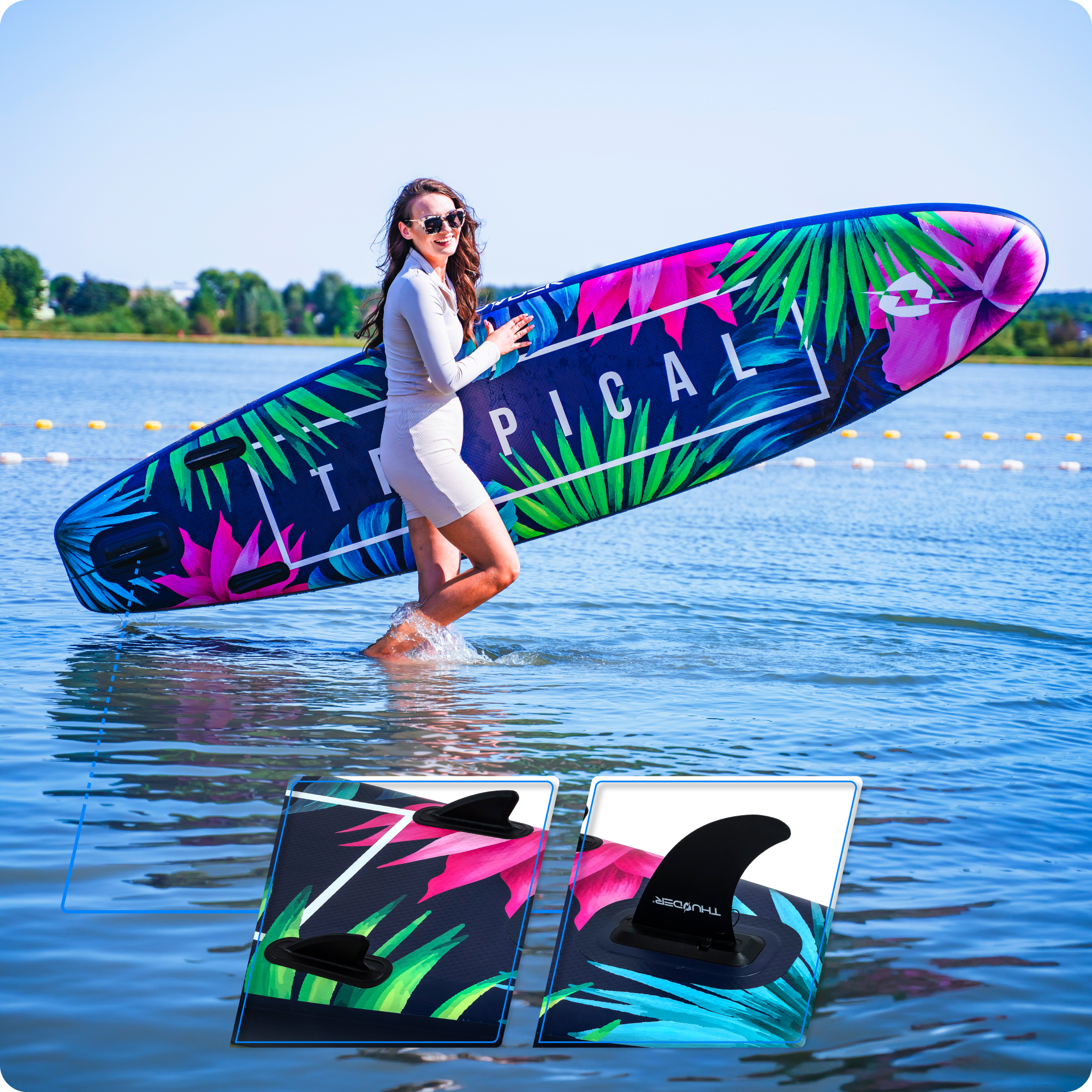 Kobieta w okularach przeciwsłonecznych niesie deskę SUP w tropikalne wzory w wodzie.