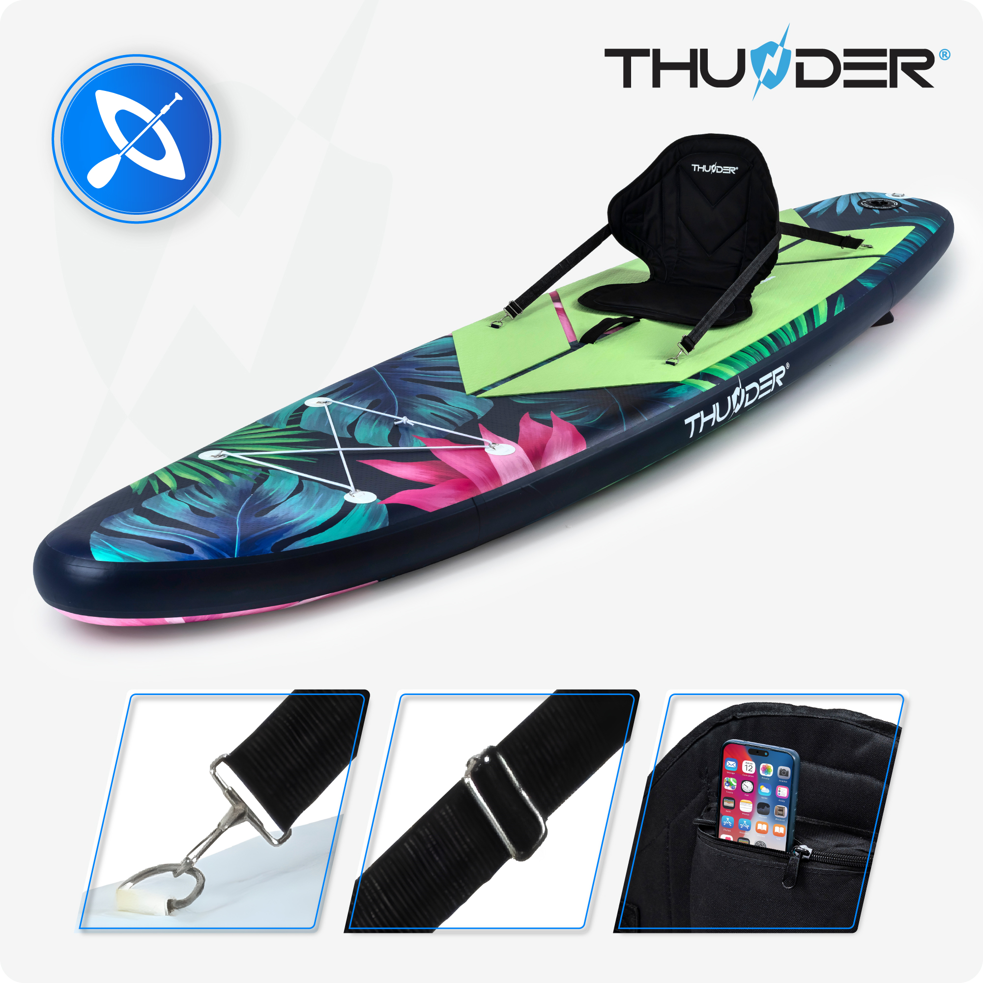 Nadmuchiwany SUP z siedzeniem, tropikalnym wzorem i akcesoriami.