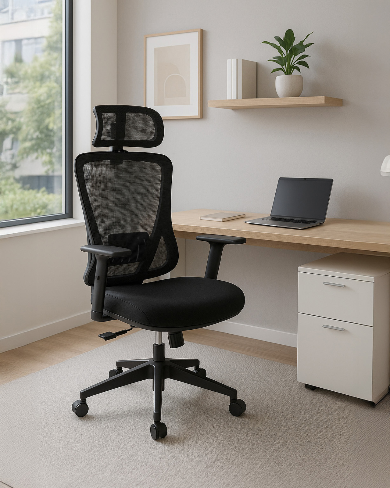 Czarny fotel biurowy z siatki przy drewnianym biurku z laptopem i rośliną.