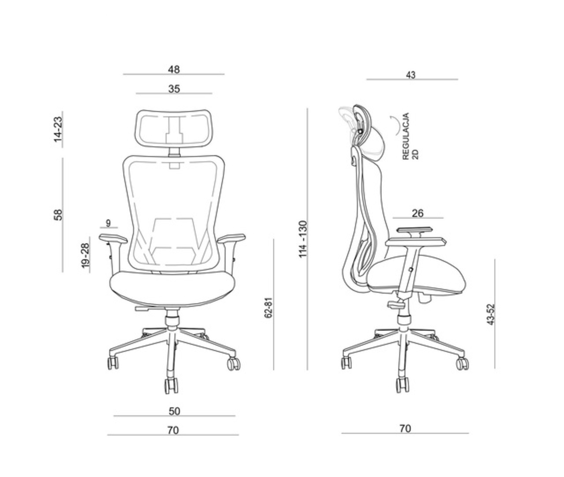 Rysunek techniczny krzesła biurowego z wymiarami i detalami regulacji.