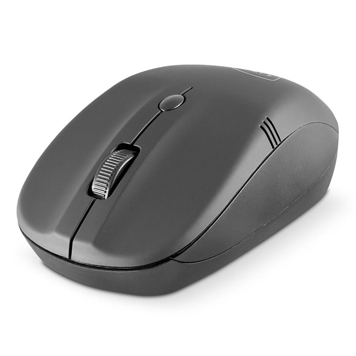 Un mouse del computer grigio con rotellina e pulsanti su sfondo bianco.