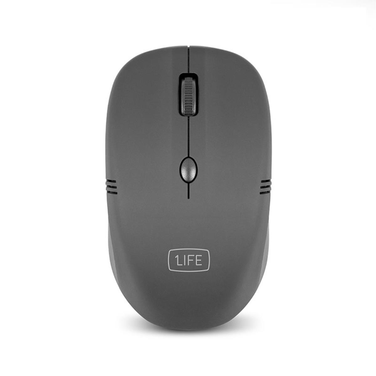 Mouse grigio con rotellina e due pulsanti, logo 1LIFE.