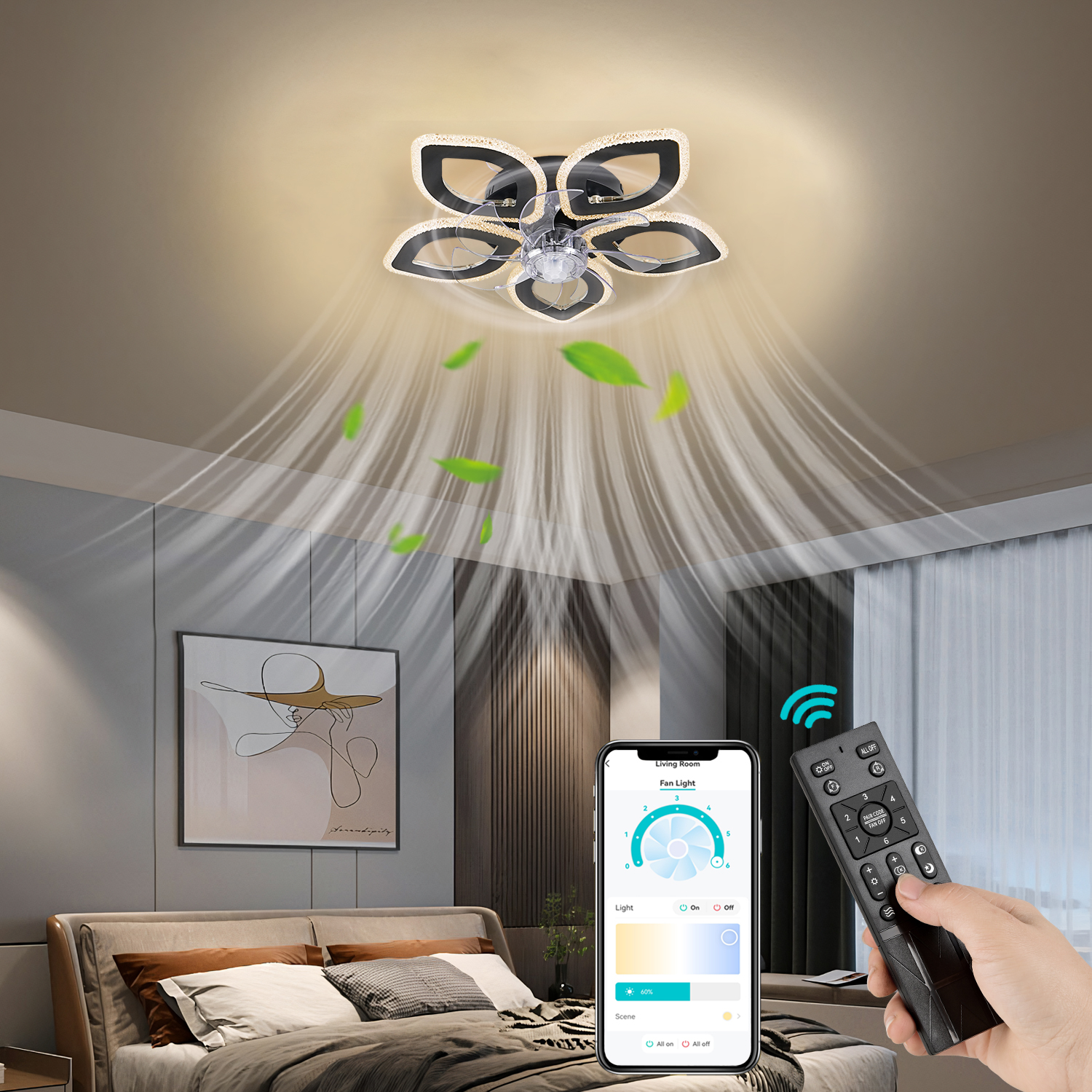 Deckenventilator mit Licht über einem Bett, mit Fernbedienung und App.