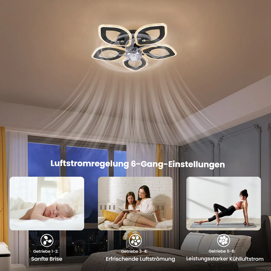 Deckenventilator mit Licht in Blütenform, zeigt verschiedene Einstellungen für Luftstrom.