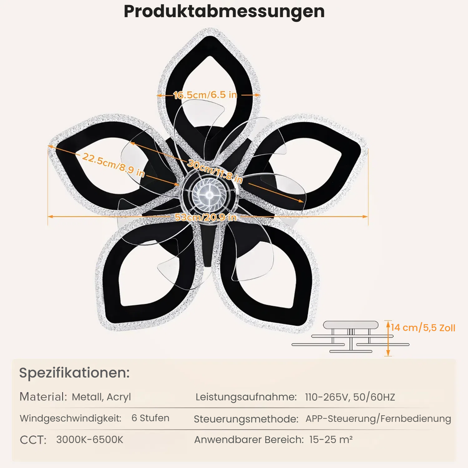 Produktabmessungen einer blumenförmigen Lampe mit Maßen in cm und Zoll.