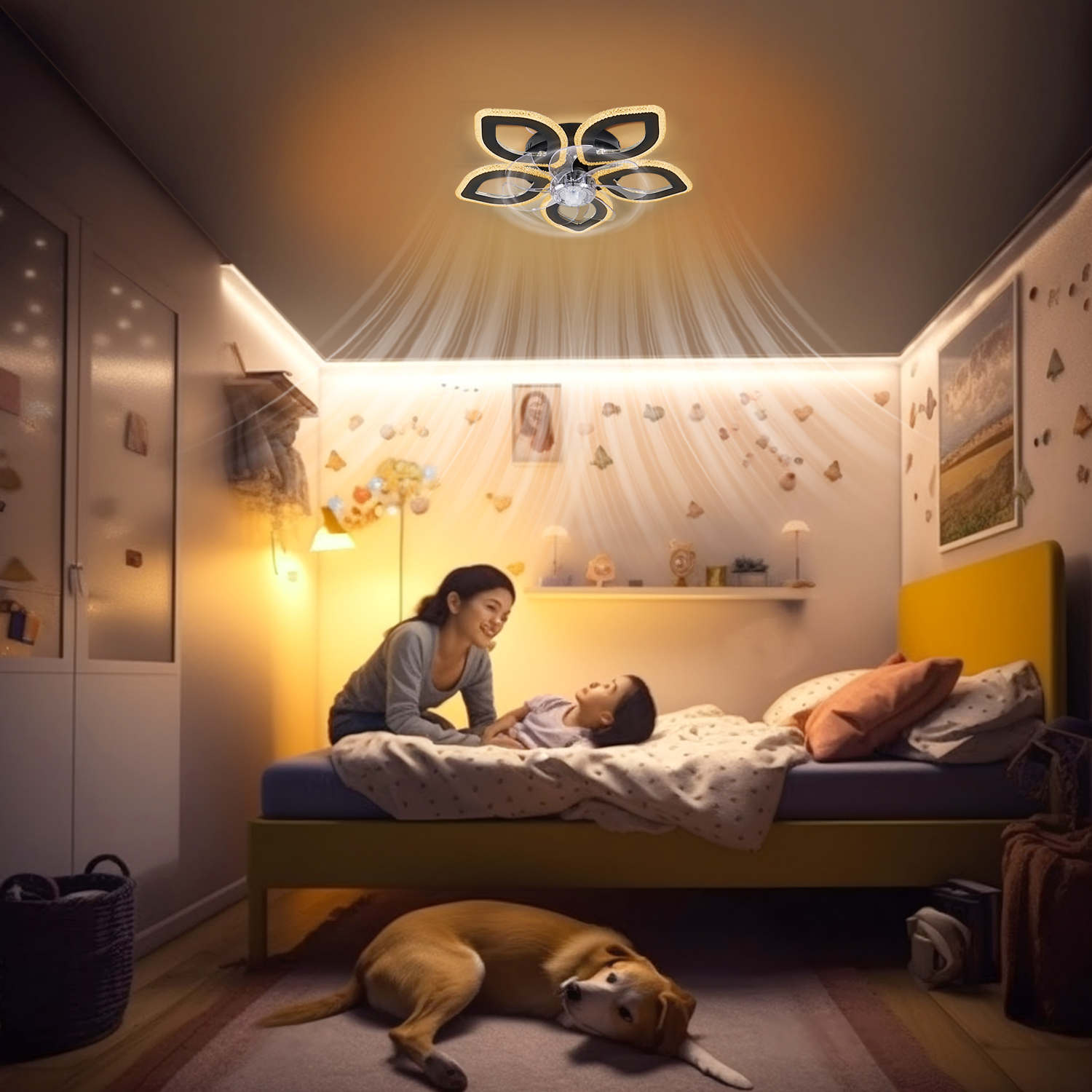 Ein Hund liegt auf einem Teppich, während eine Mutter über einem Kind auf einem Bett sitzt.