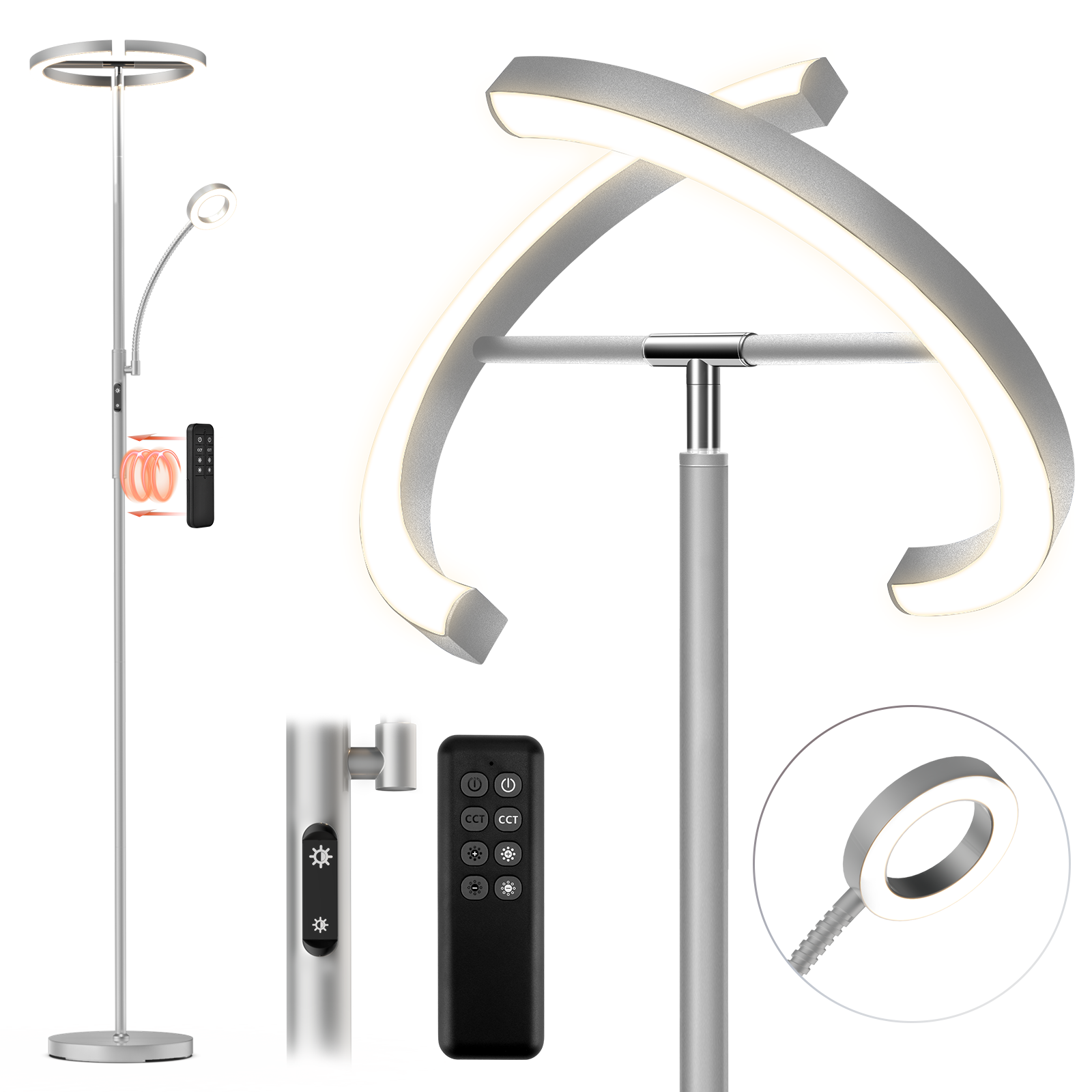 Moderne Stehleuchte mit Ringen, Fernbedienung und kleinem Zusatzlicht.