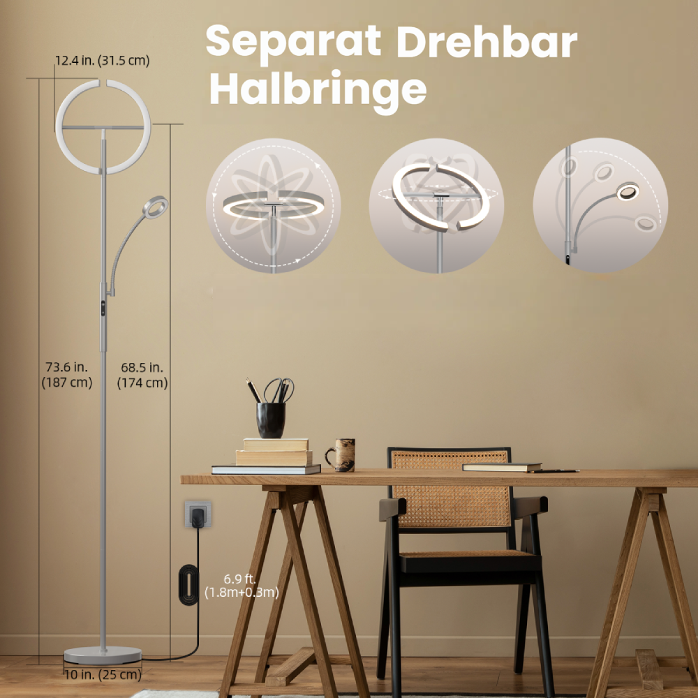 Ein Stehleuchte mit Ringlicht und kleinerer Lampe steht neben einem Schreibtisch.