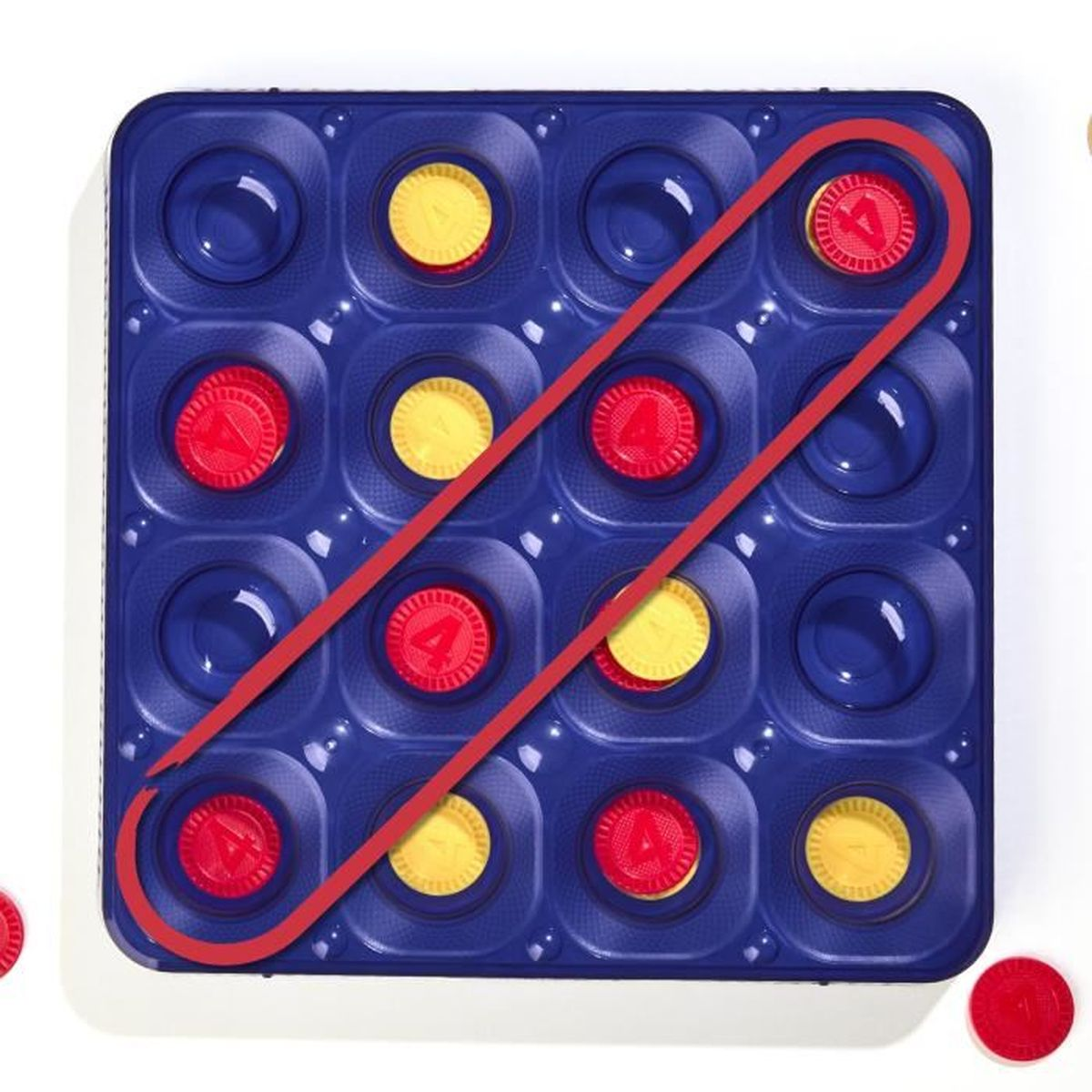 Blaues Brettspiel mit roten und gelben Spielsteinen, diagonal rot markiert.