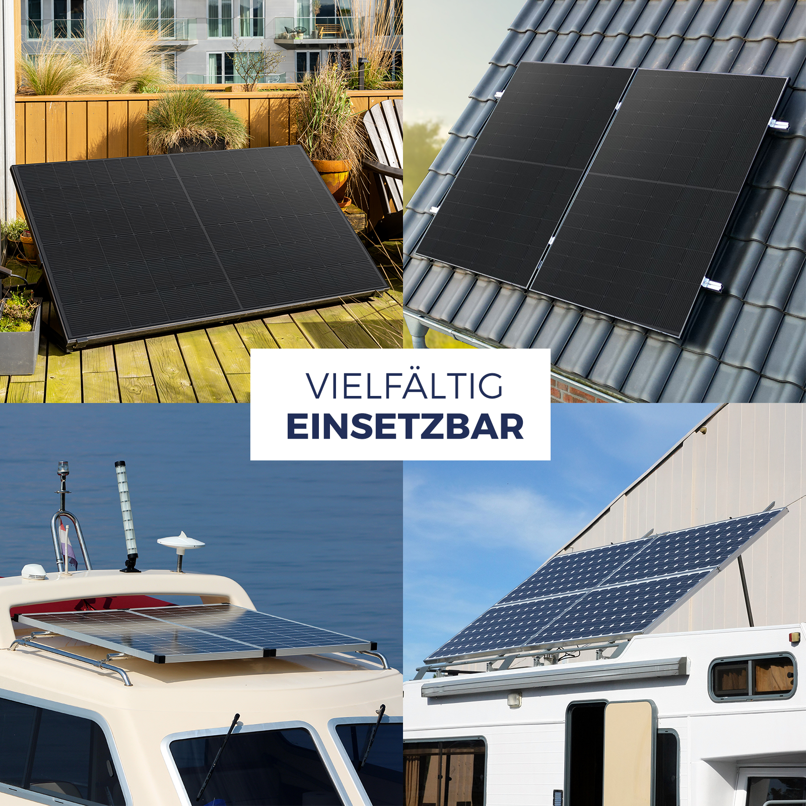 Vier Bilder von Solarmodulen an verschiedenen Orten: auf einem Holzdeck, Dach, Boot und Wohnmobil.