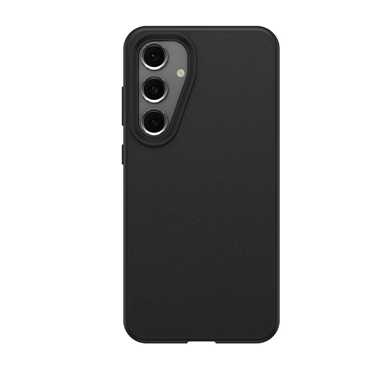 Custodia nera per telefono con tre obiettivi della fotocamera e flash a sinistra.
