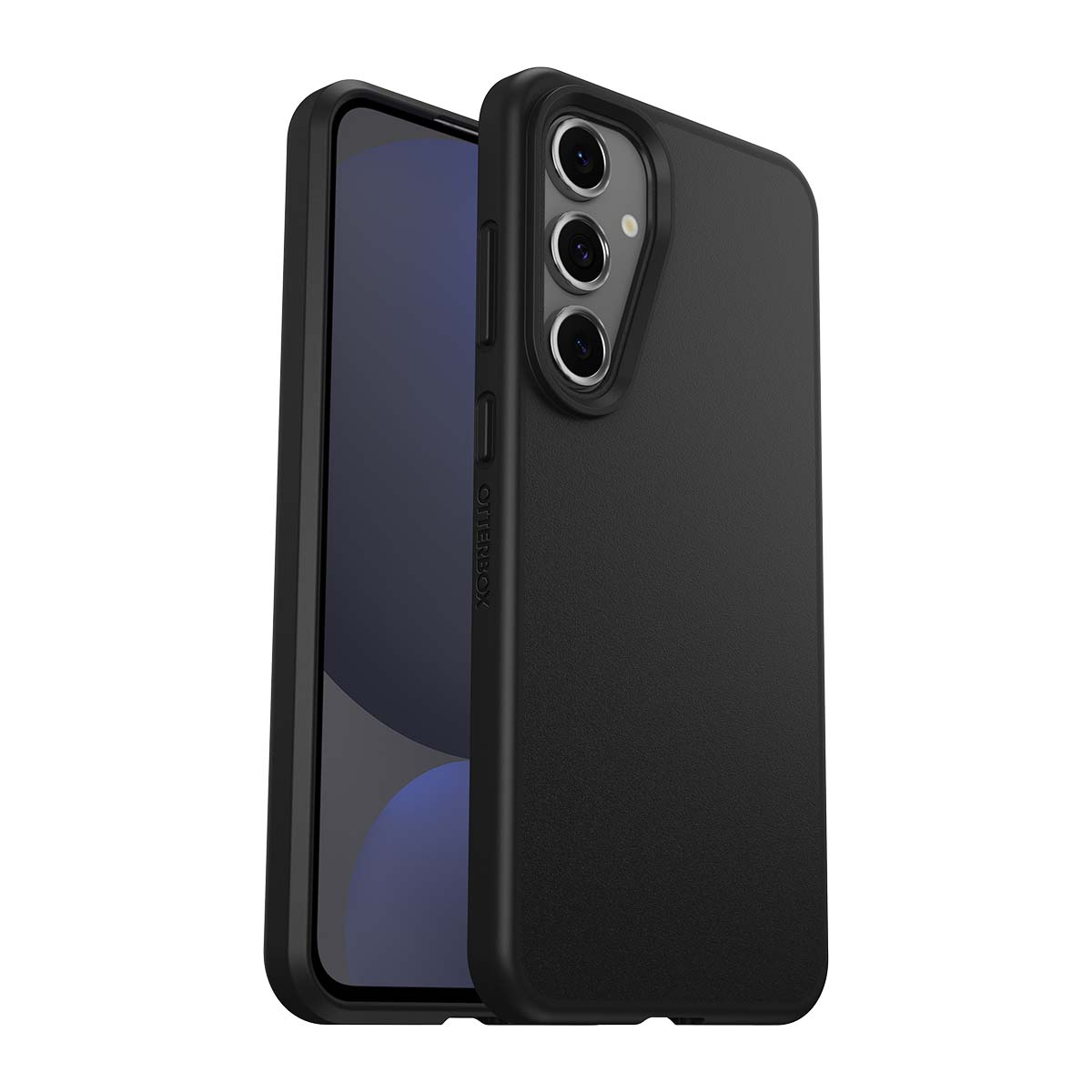 Custodia nera Otterbox per telefono con tre obiettivi della fotocamera, su sfondo bianco.