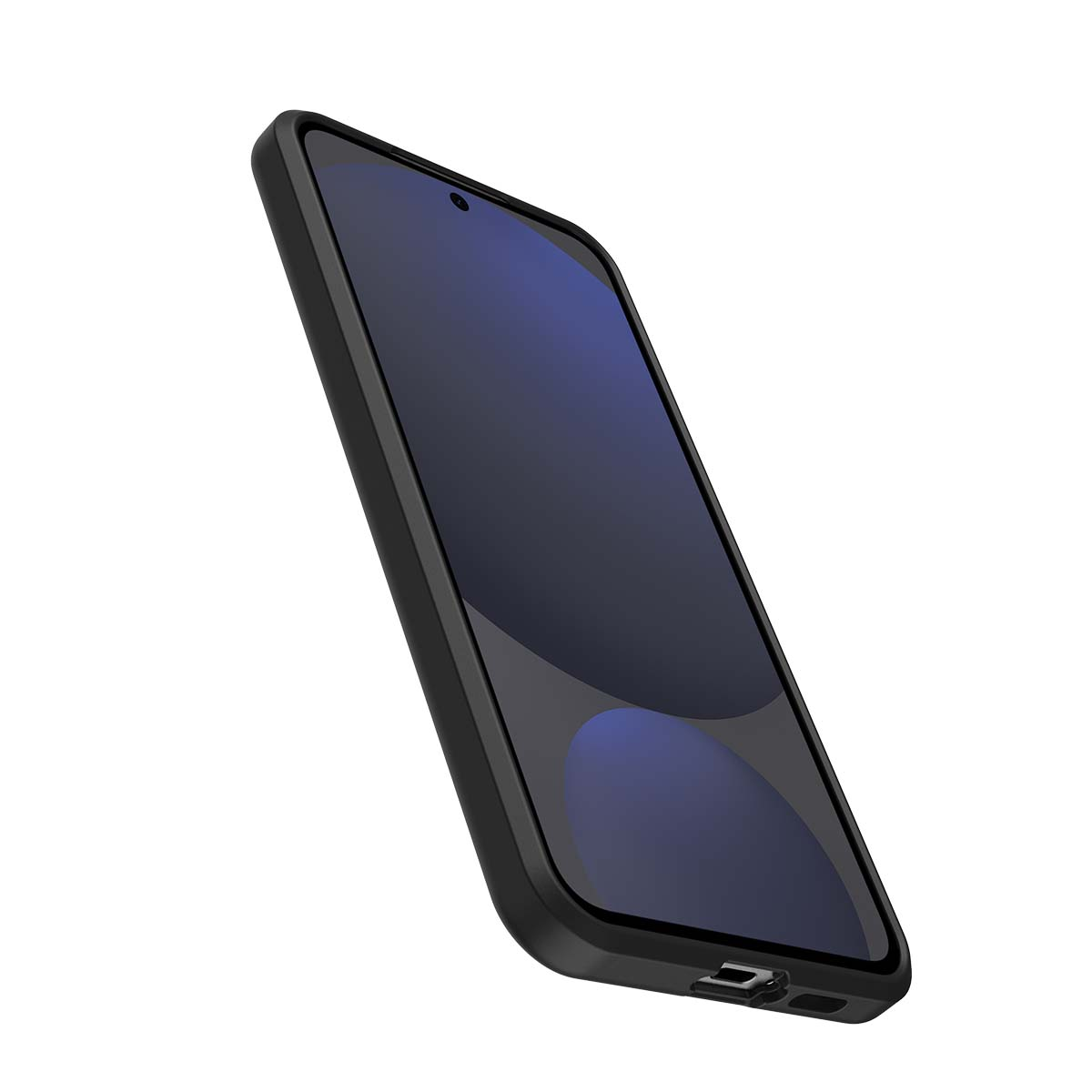 Smartphone nero con angoli arrotondati e schermo scuro.
